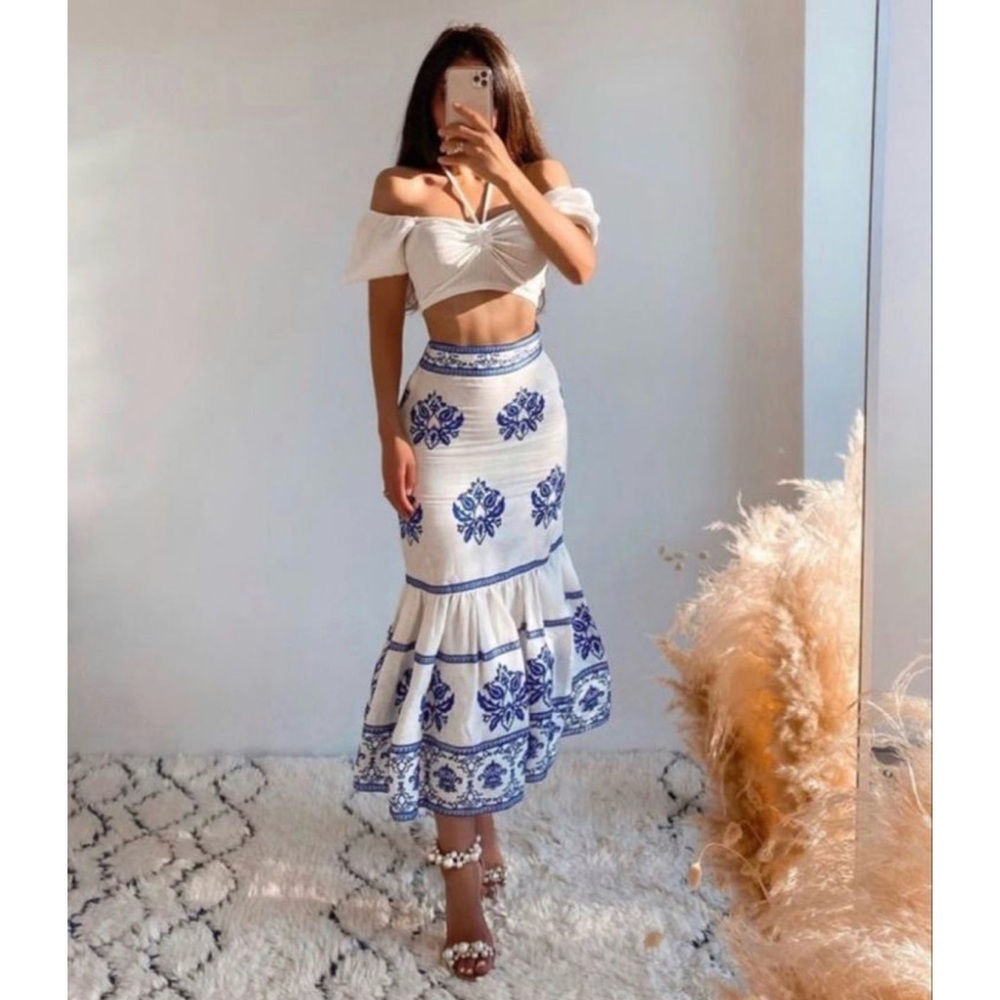 NEW Zara Linen White & Blue Embroidered Floral Tiered Long Skirt Size XS - Picture 8 of 11